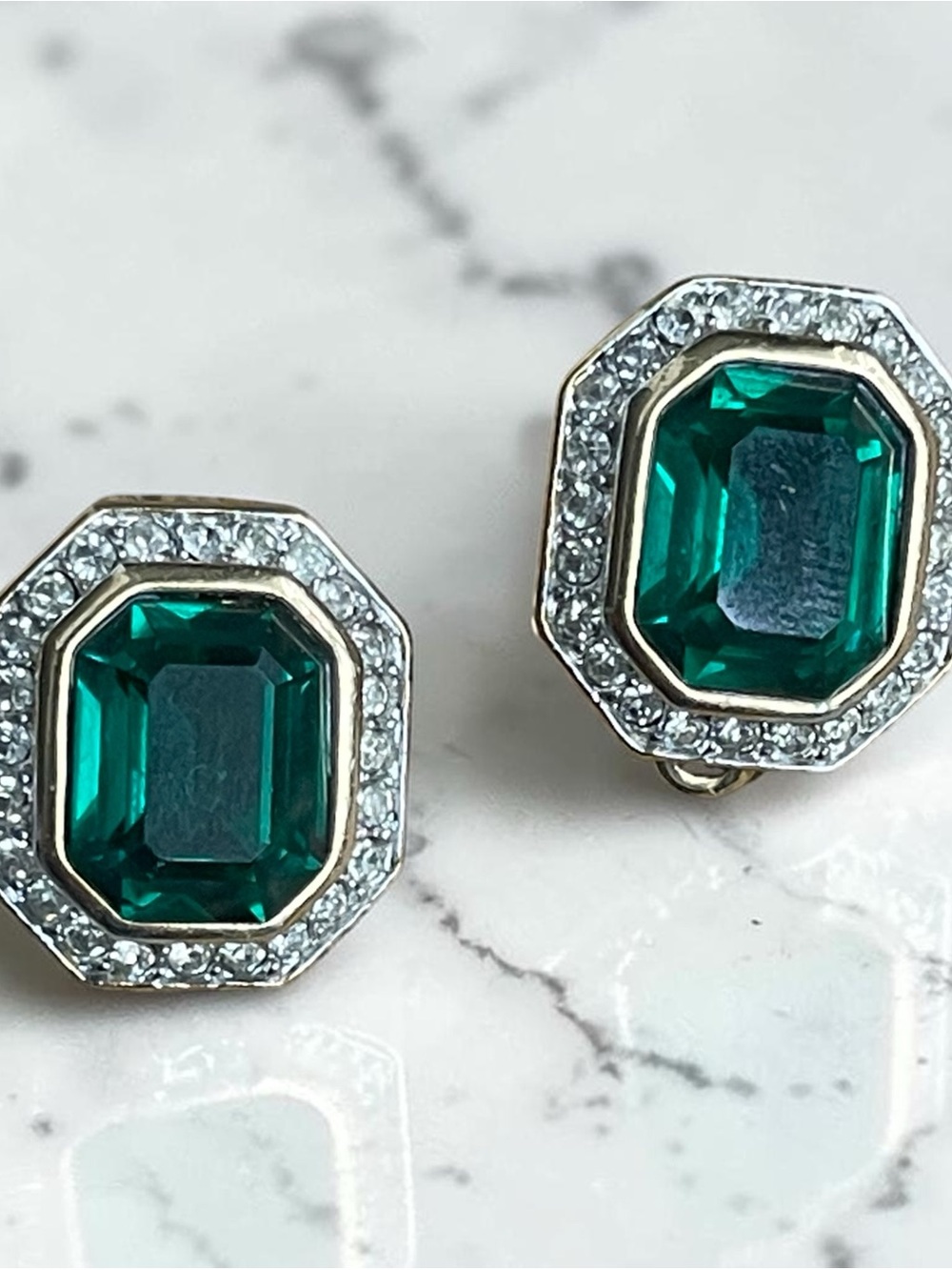Authentic Vintage Nina Ricci Emerald Green Octagon Halo Clip on Earrings